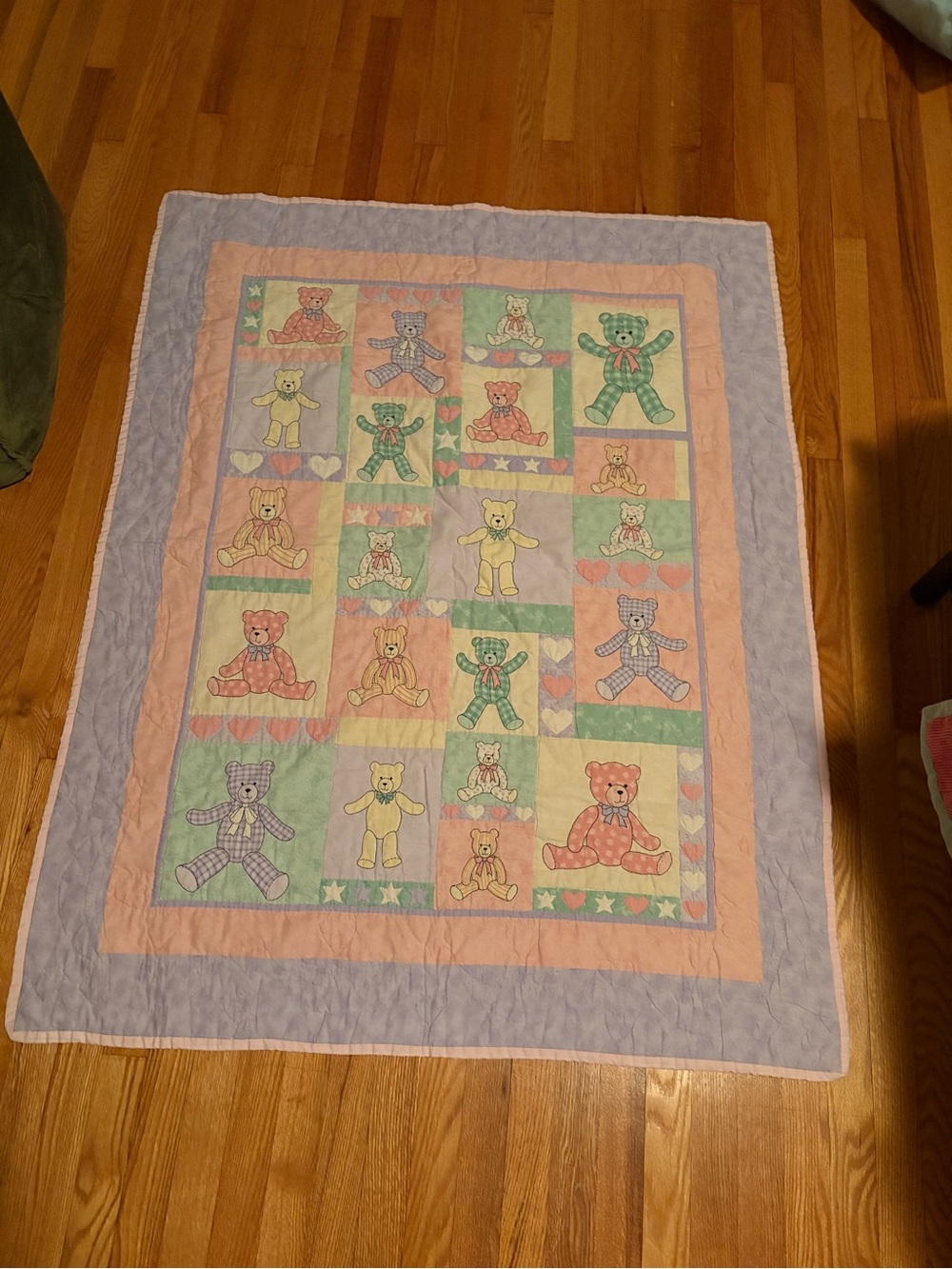 Pastel Teddy Bear Baby Quilt - Yellow, Pink, Green, Blue